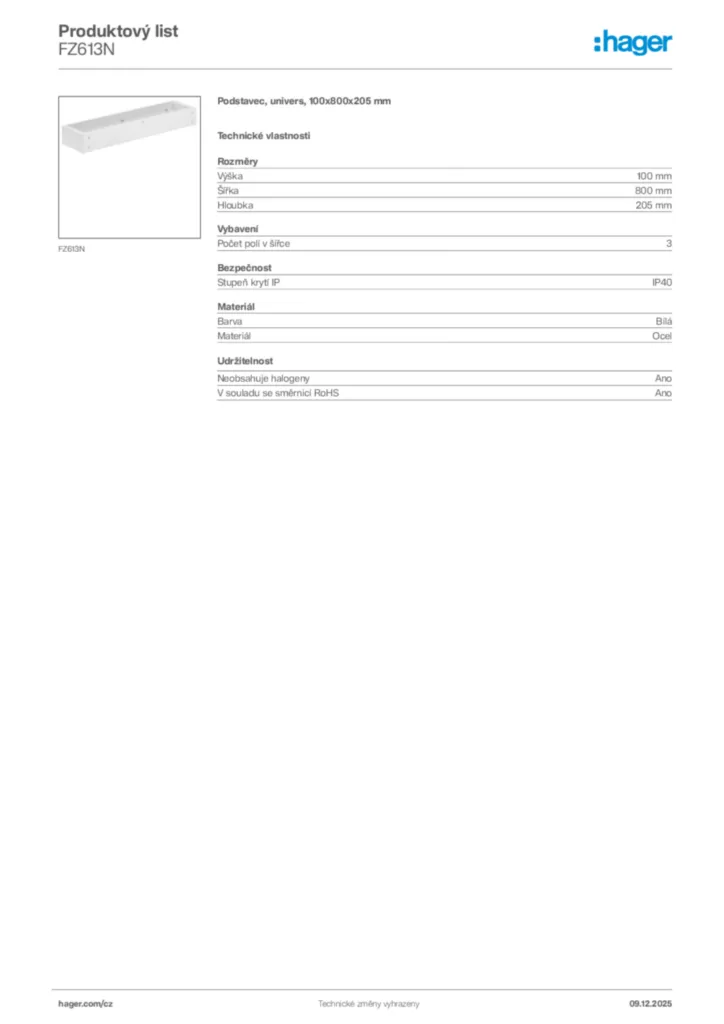 Obrázek Hager Produktový list FZ613N | Hager