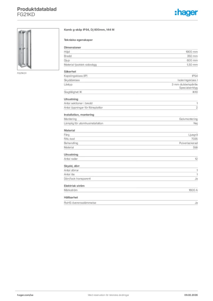 Bild Hager Produktdatablad FG21KD | Hager Sverige