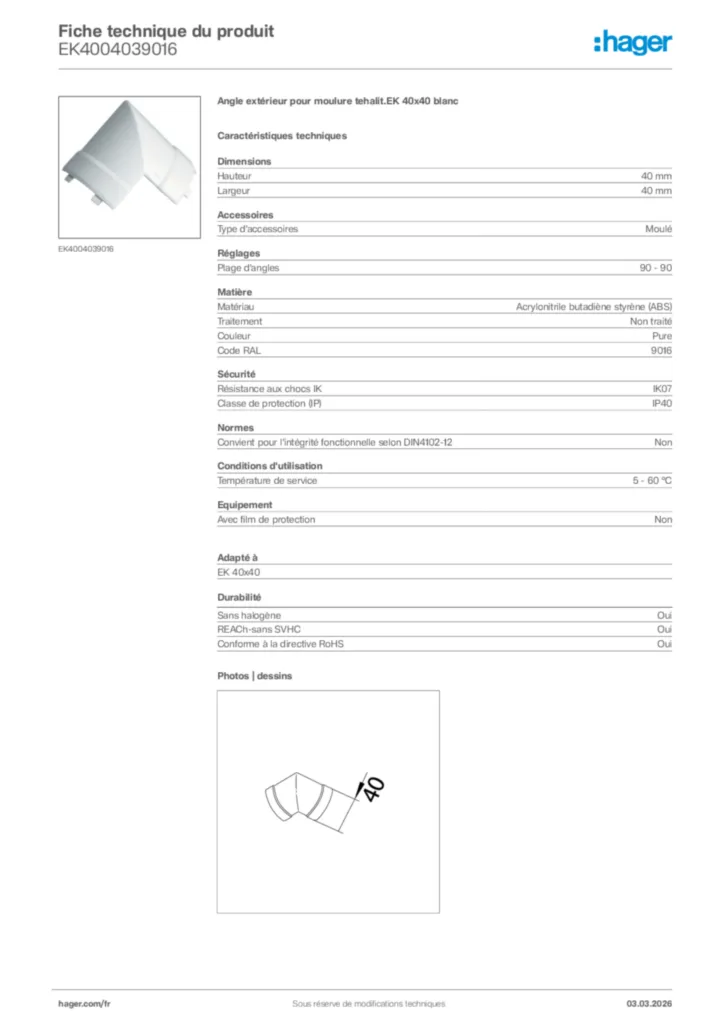 Image Hager Fiche technique du produit EK4004039016 | Hager France