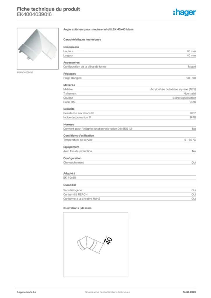 Image Hager Fiche technique du produit EK4004039016 | Hager Belgique