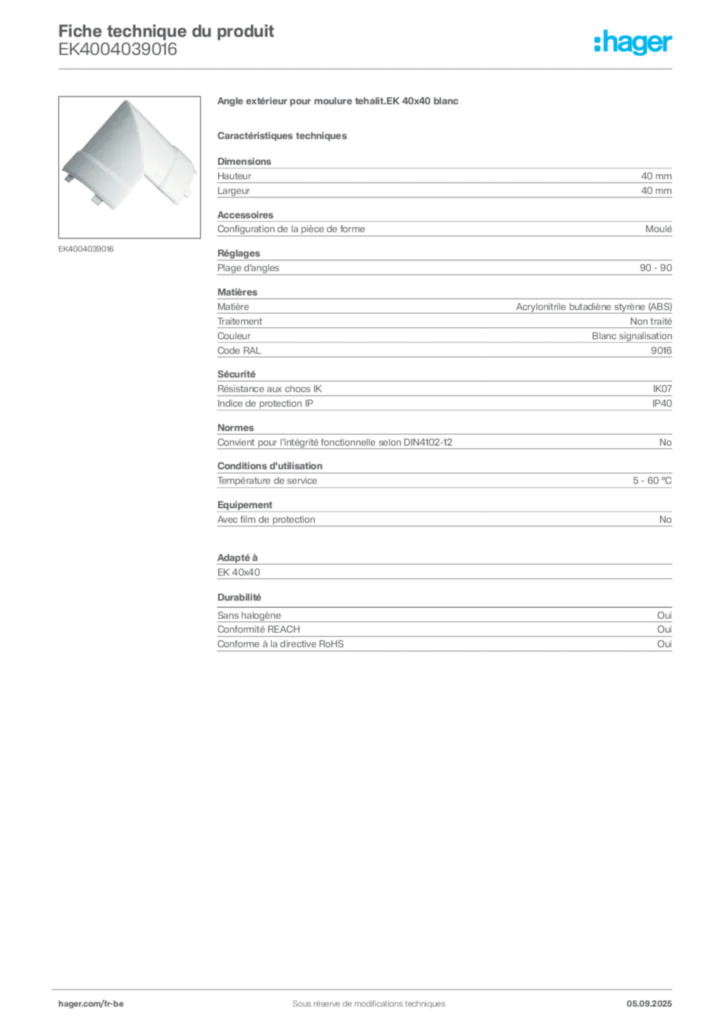 Image Hager Fiche technique du produit EK4004039016 | Hager Belgique