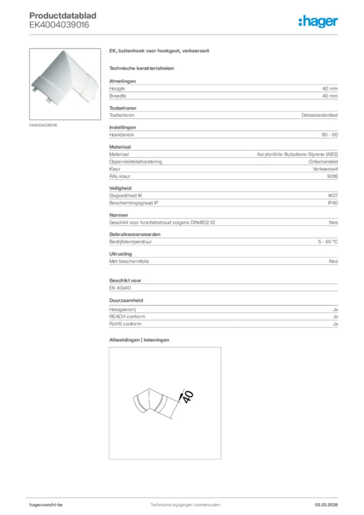 Afbeelding Hager Productdatablad EK4004039016 | Hager Belgium
