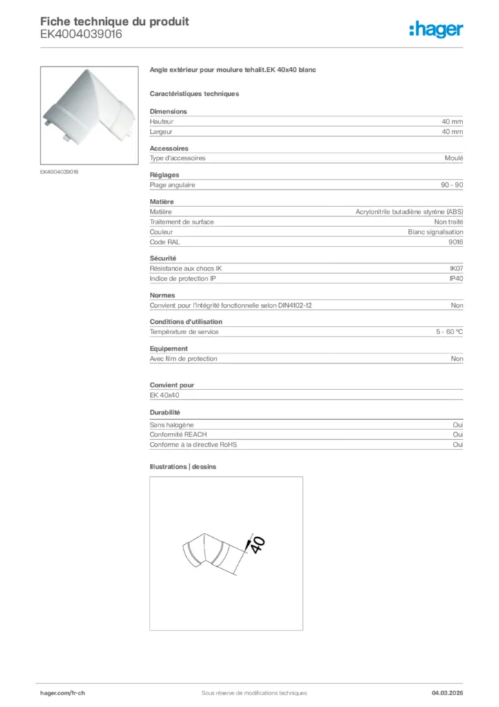 Image Hager Fiche technique du produit EK4004039016 | Hager Suisse