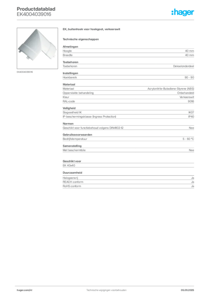 Afbeelding Hager Productdatablad EK4004039016 | Hager Nederland