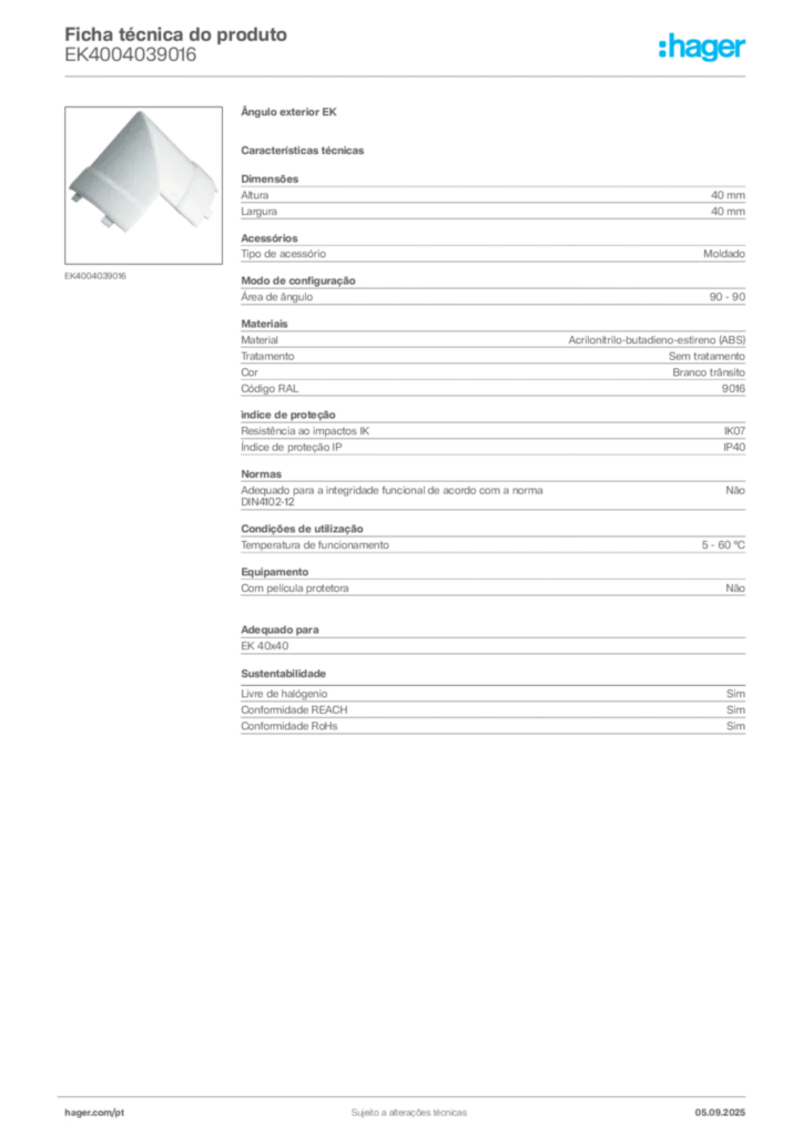 Imagem Hager Ficha técnica do produto EK4004039016 | Hager Portugal
