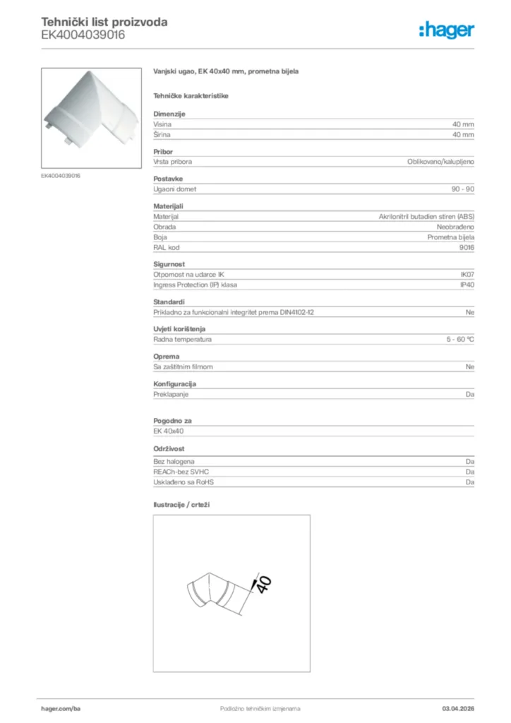Slika Hager Tehnički list proizvoda EK4004039016  | Hager