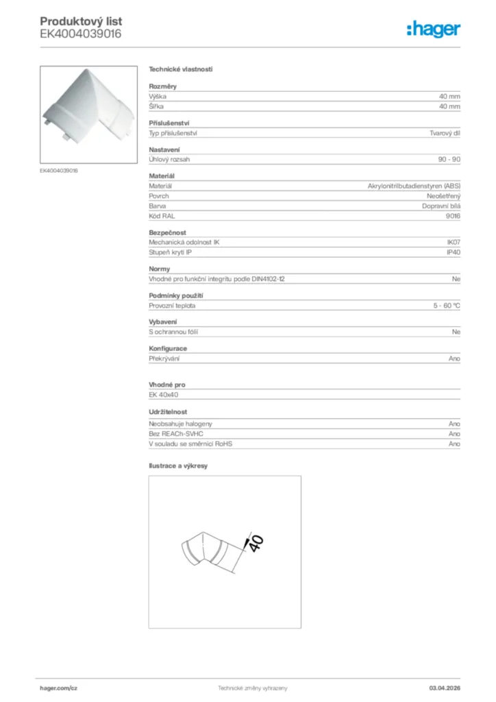 Obrázek Hager Product data sheet EK4004039016 | Hager
