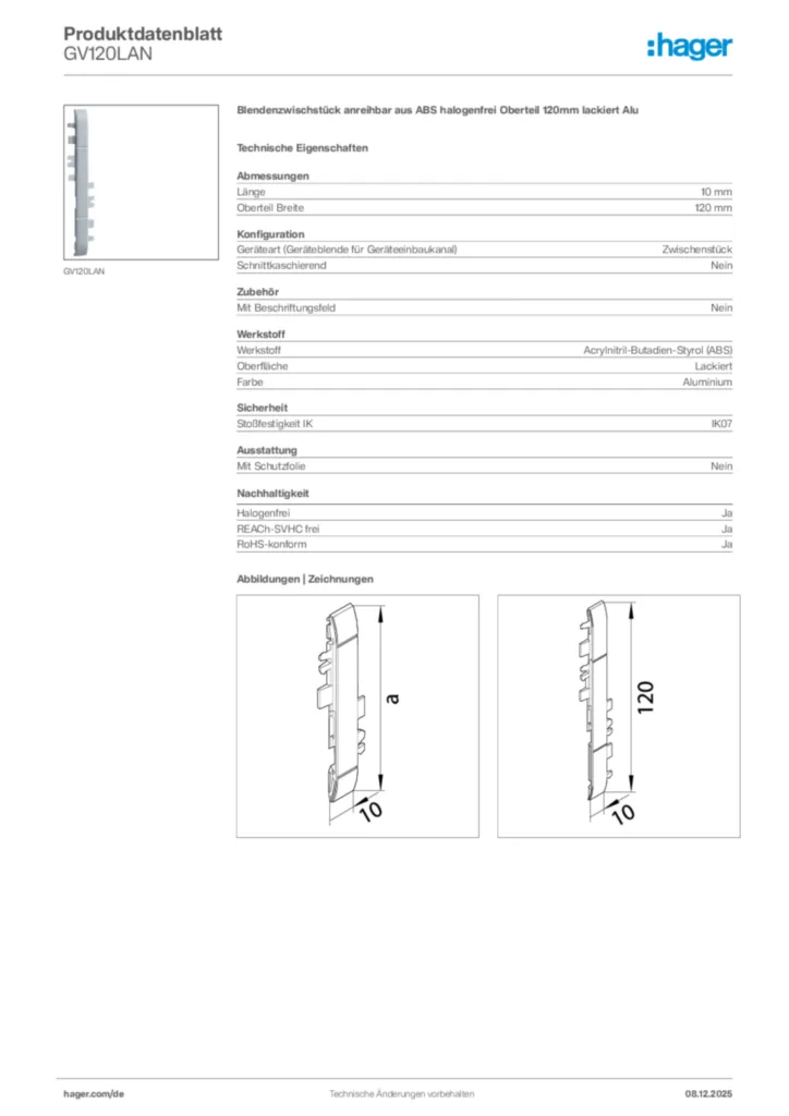 Hager Produktdatenblatt GV120LAN