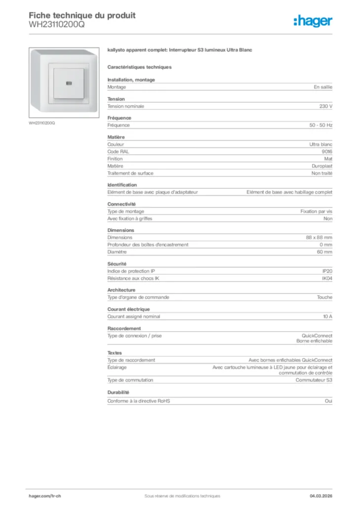 Image Hager Fiche technique du produit WH23110200Q | Hager Suisse