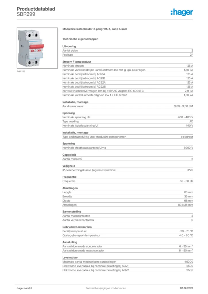 Afbeelding Hager Productdatablad SBR299 | Hager Nederland