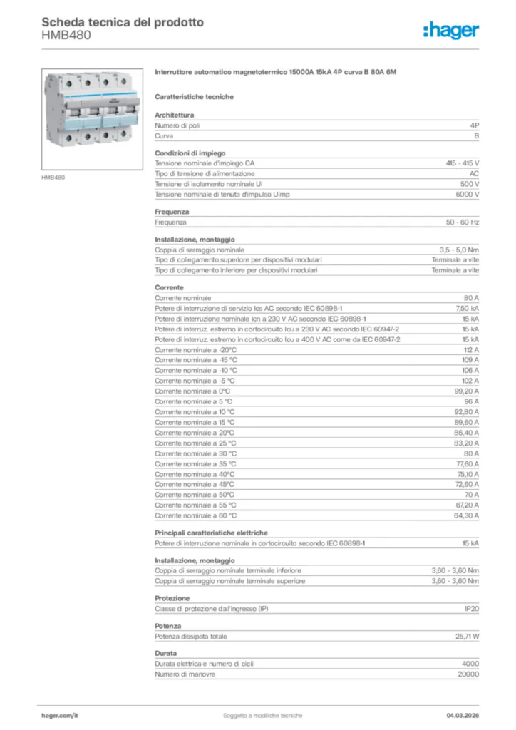 Immagine Hager Scheda tecnica del prodotto HMB480 | Hager Italia