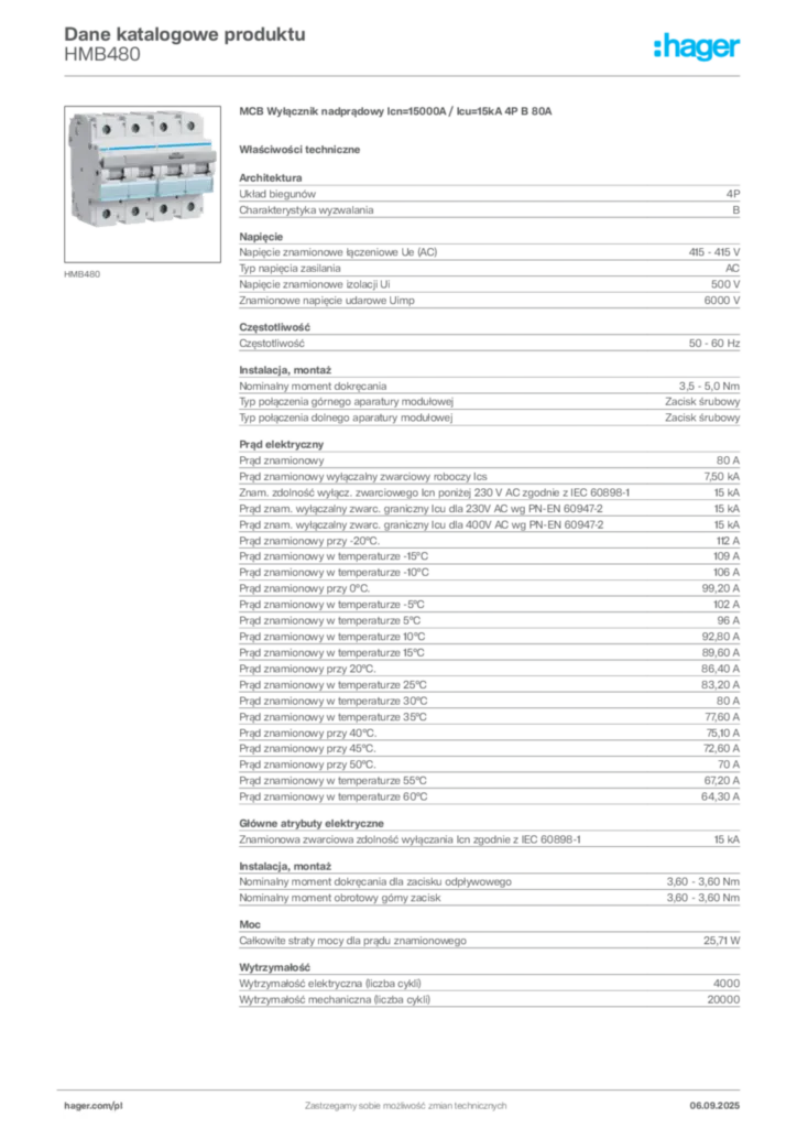 Zdjęcie Hager Dane katalogowe produktu HMB480 | Hager Polska