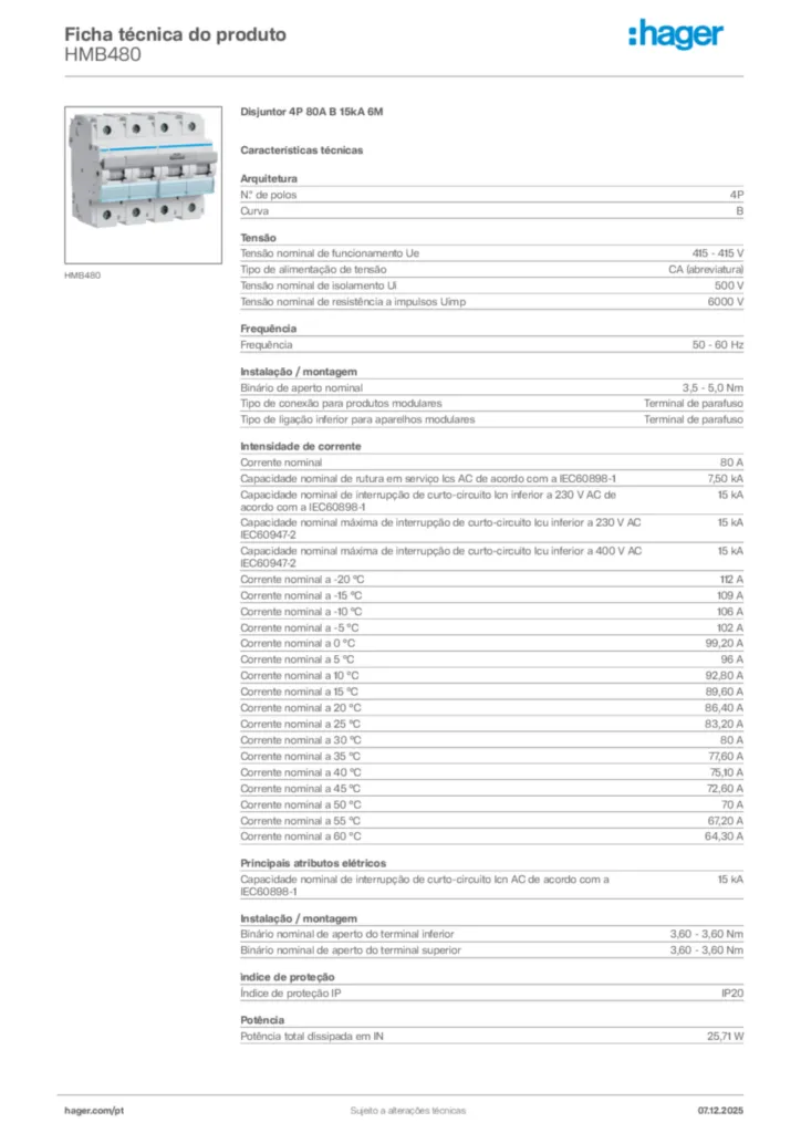 Imagem Hager Ficha técnica do produto HMB480 | Hager Portugal