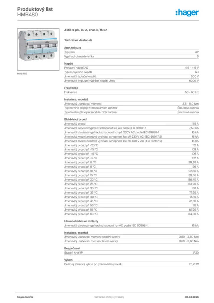 Obrázek Hager Product data sheet HMB480 | Hager