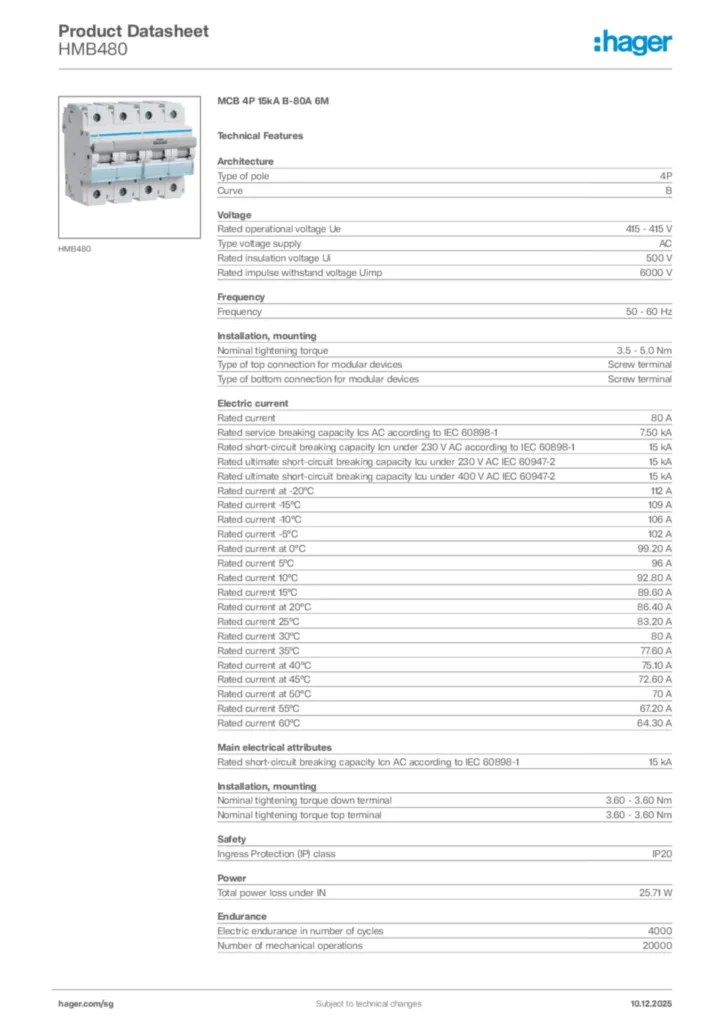 Image Hager Product data sheet HMB480  | Hager