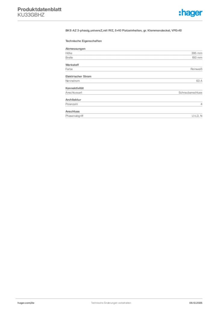 Bild Hager Produktdatenblatt KU33GBHZ | Hager Deutschland