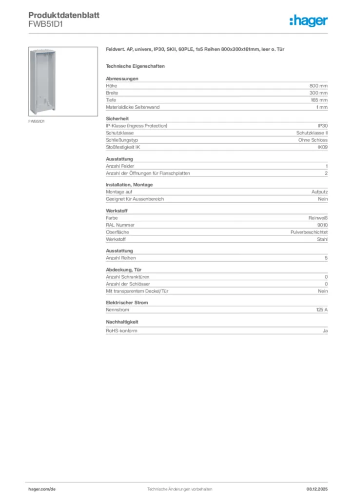 Bild Hager Produktdatenblatt FWB51D1 | Hager Deutschland