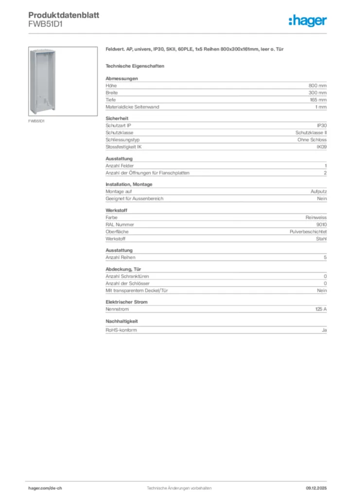 Bild Hager Produktdatenblatt FWB51D1 | Hager Schweiz