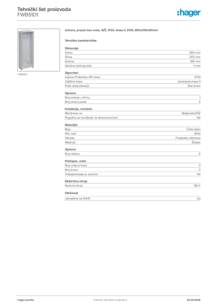 Slika Hager Tehnički list proizvoda FWB51D1  | Hager