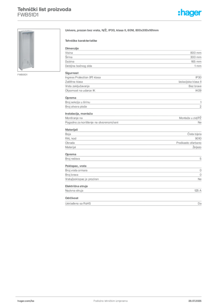 Slika Hager Product data sheet FWB51D1  | Hager