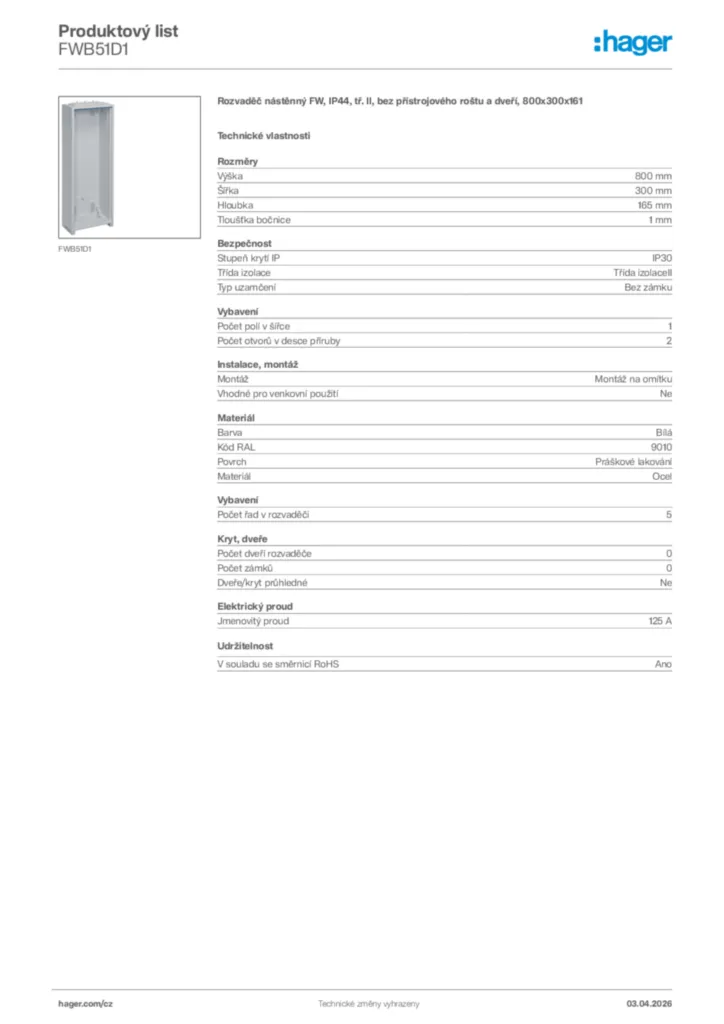 Obrázek Hager Product data sheet FWB51D1 | Hager