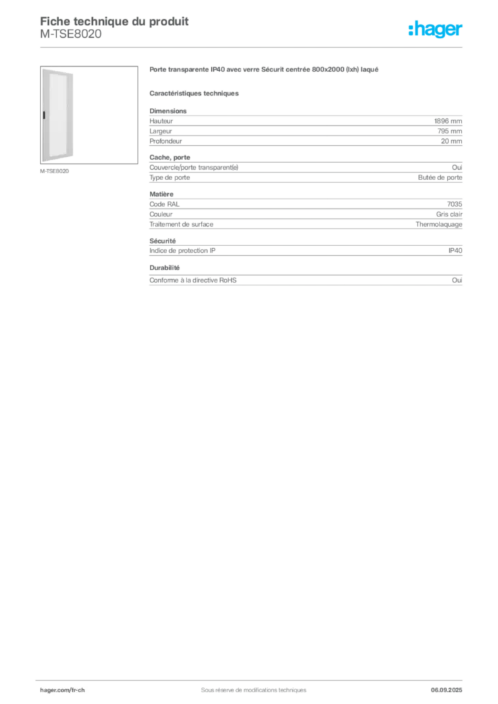 Image Hager Fiche technique du produit M-TSE8020 | Hager Suisse