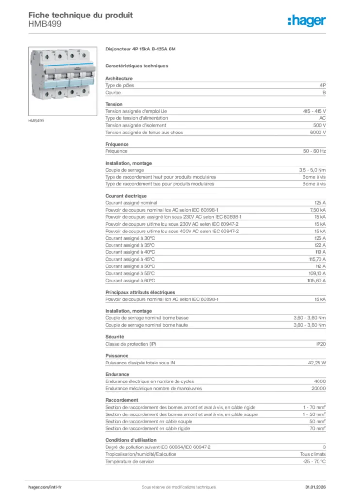 Image Hager Fiche technique du produit HMB499 | Hager Afrique