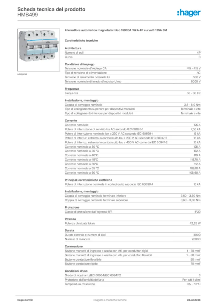 Immagine Hager Scheda tecnica del prodotto HMB499 | Hager Italia