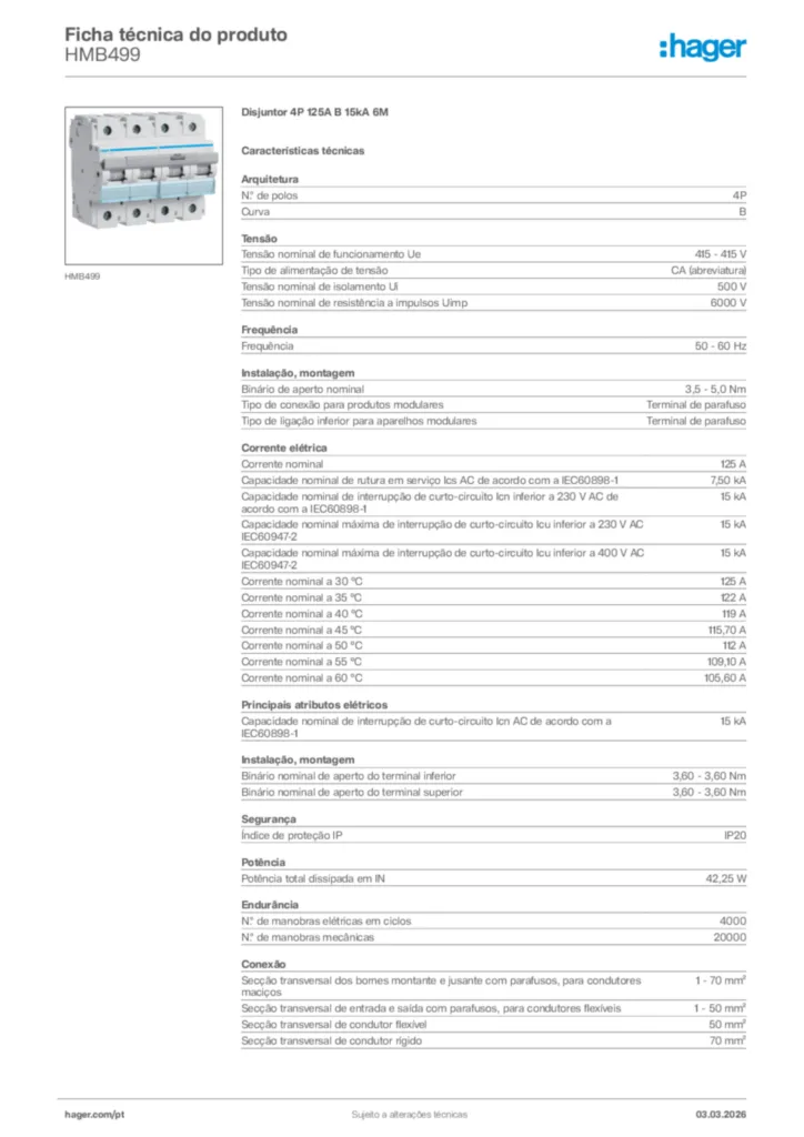 Imagem Hager Ficha técnica do produto HMB499 | Hager Portugal