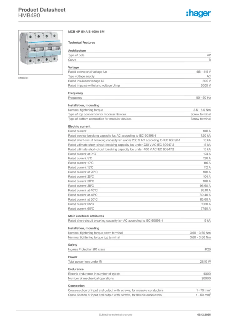 Image Hager Product data sheet HMB490  | Hager Africa
