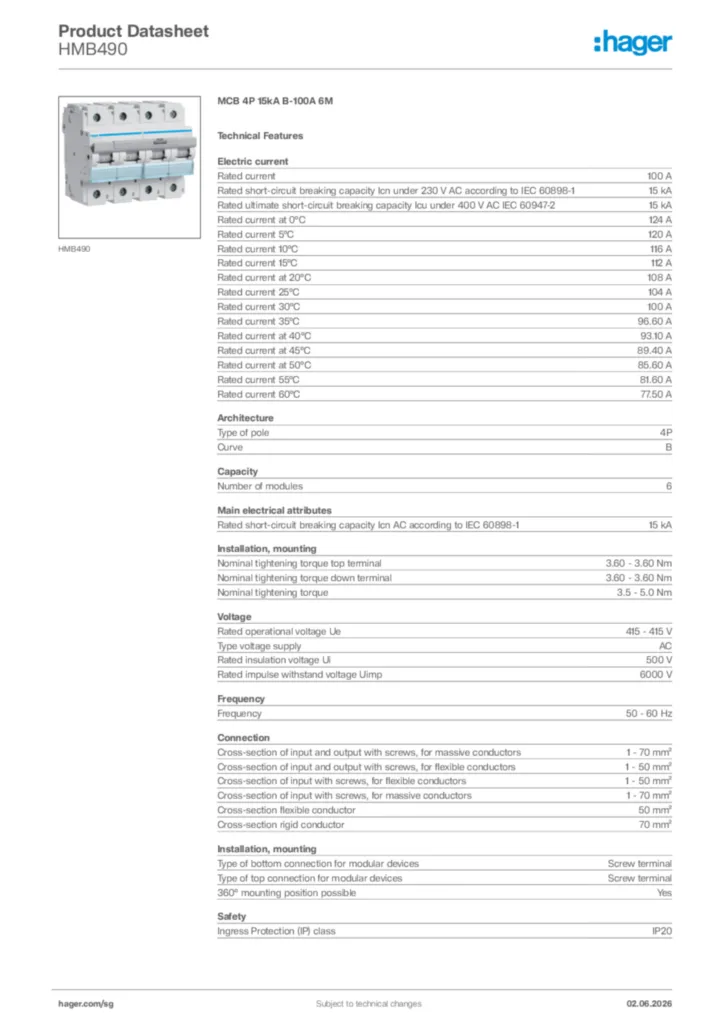 Image Hager Product data sheet HMB490  | Hager