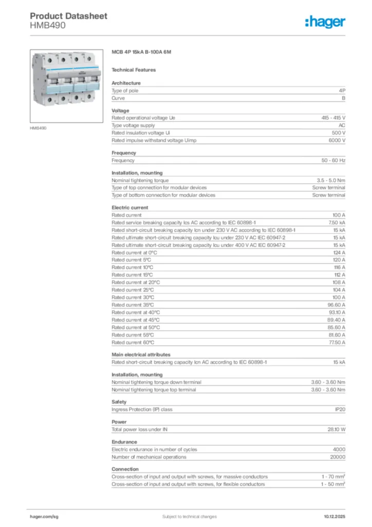 Image Hager Product data sheet HMB490  | Hager