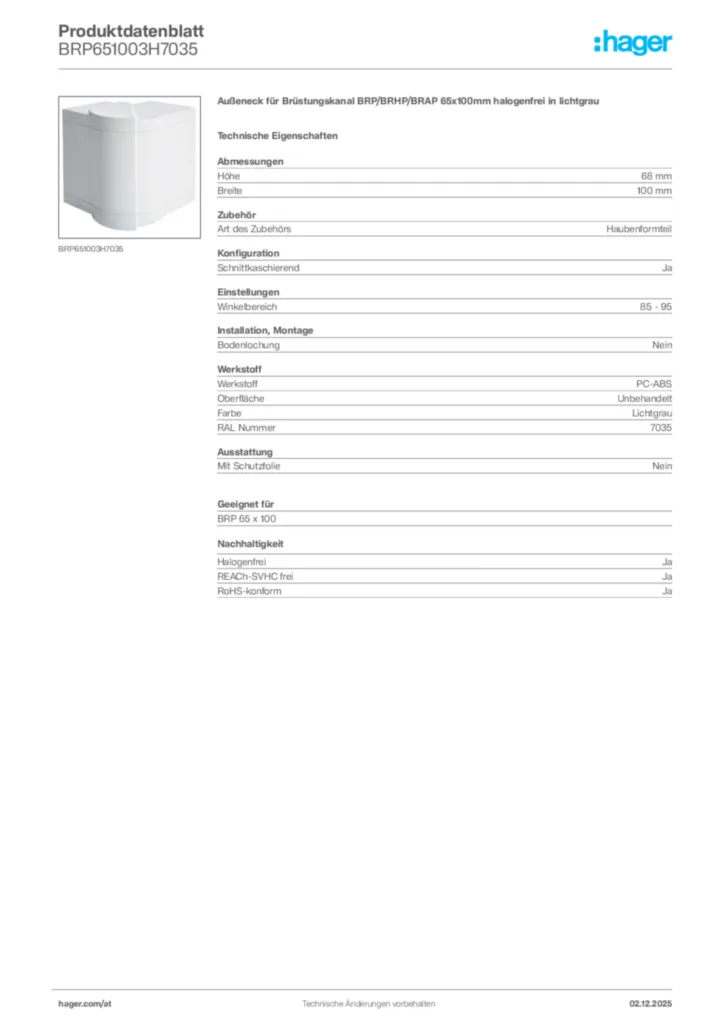 Bild Hager Produktdatenblatt BRP651003H7035 | Hager Deutschland