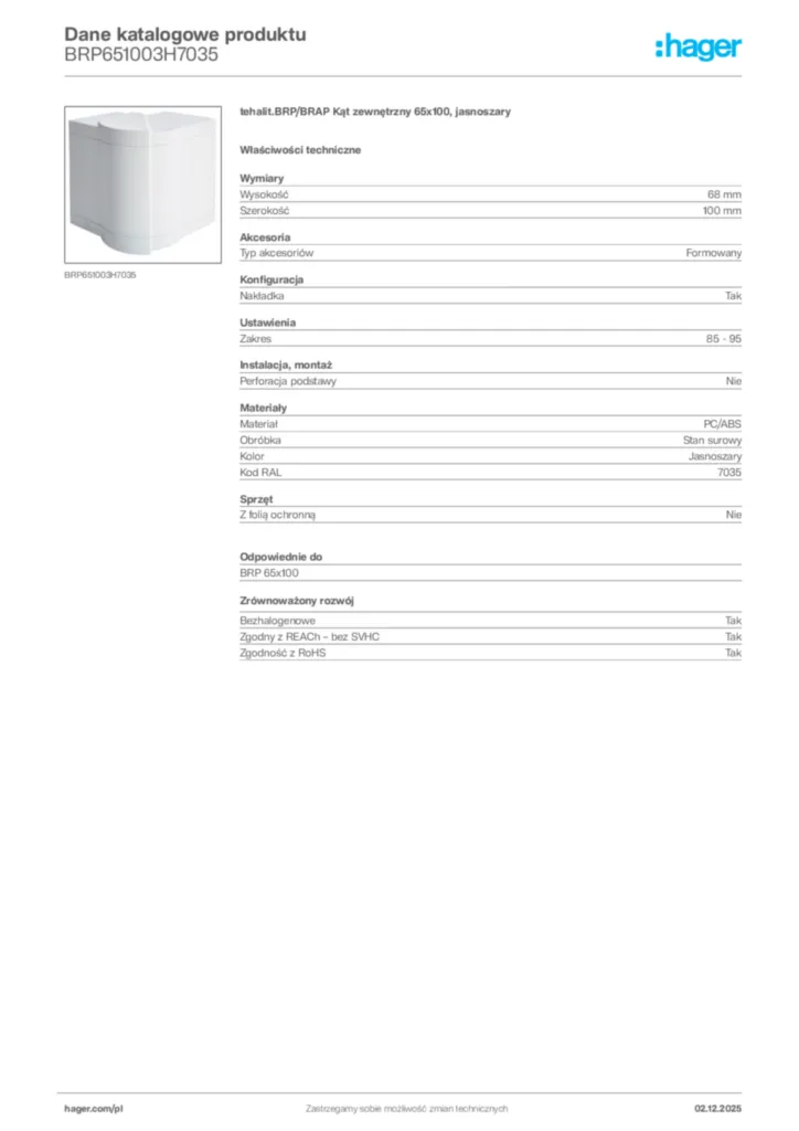 Zdjęcie Hager Dane katalogowe produktu BRP651003H7035 | Hager Polska