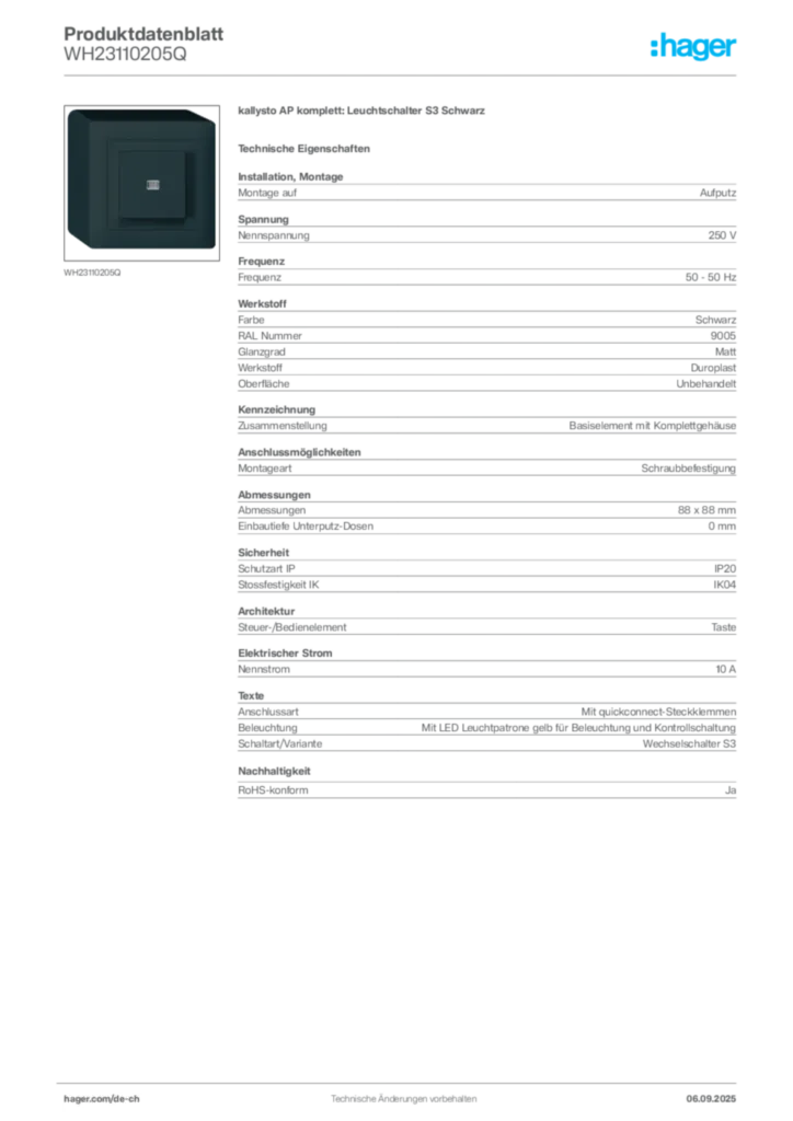 Bild Hager Produktdatenblatt WH23110205Q | Hager Schweiz