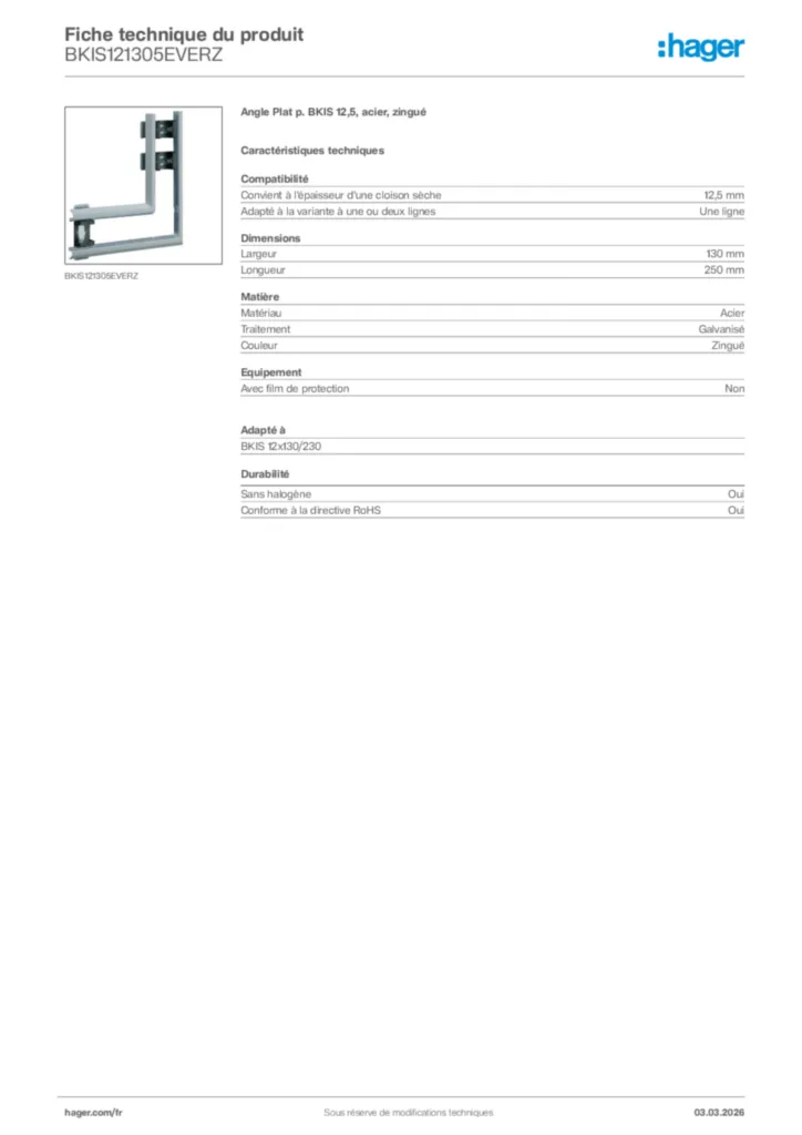Image Hager Fiche technique du produit BKIS121305EVERZ | Hager France