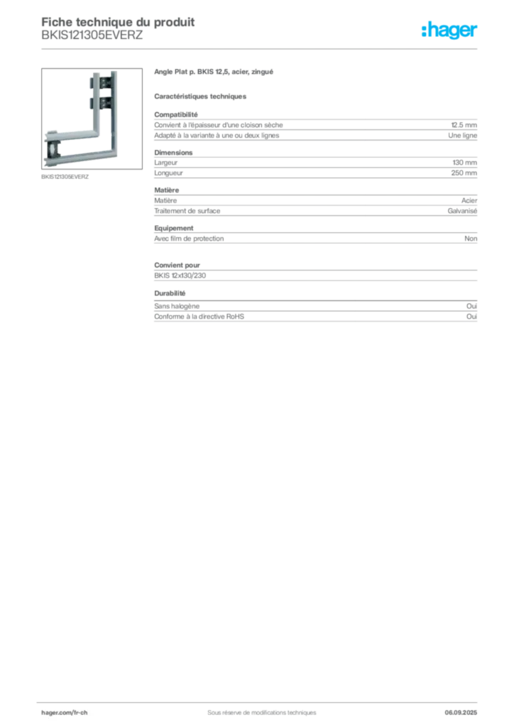 Image Hager Fiche technique du produit BKIS121305EVERZ | Hager Suisse