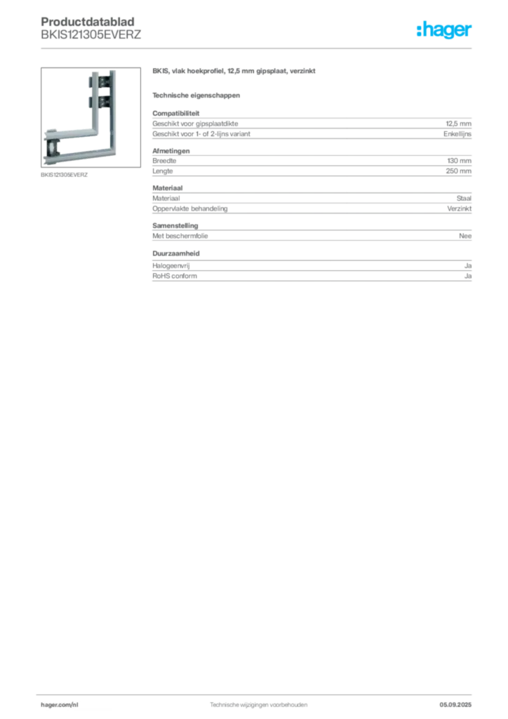 Afbeelding Hager Productdatablad BKIS121305EVERZ | Hager Nederland