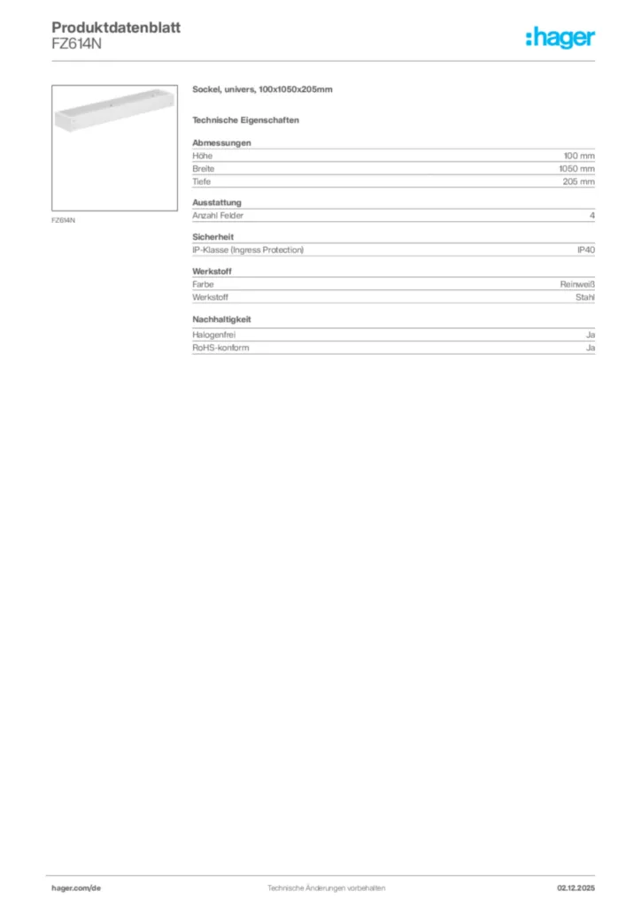 Hager Produktdatenblatt FZ614N