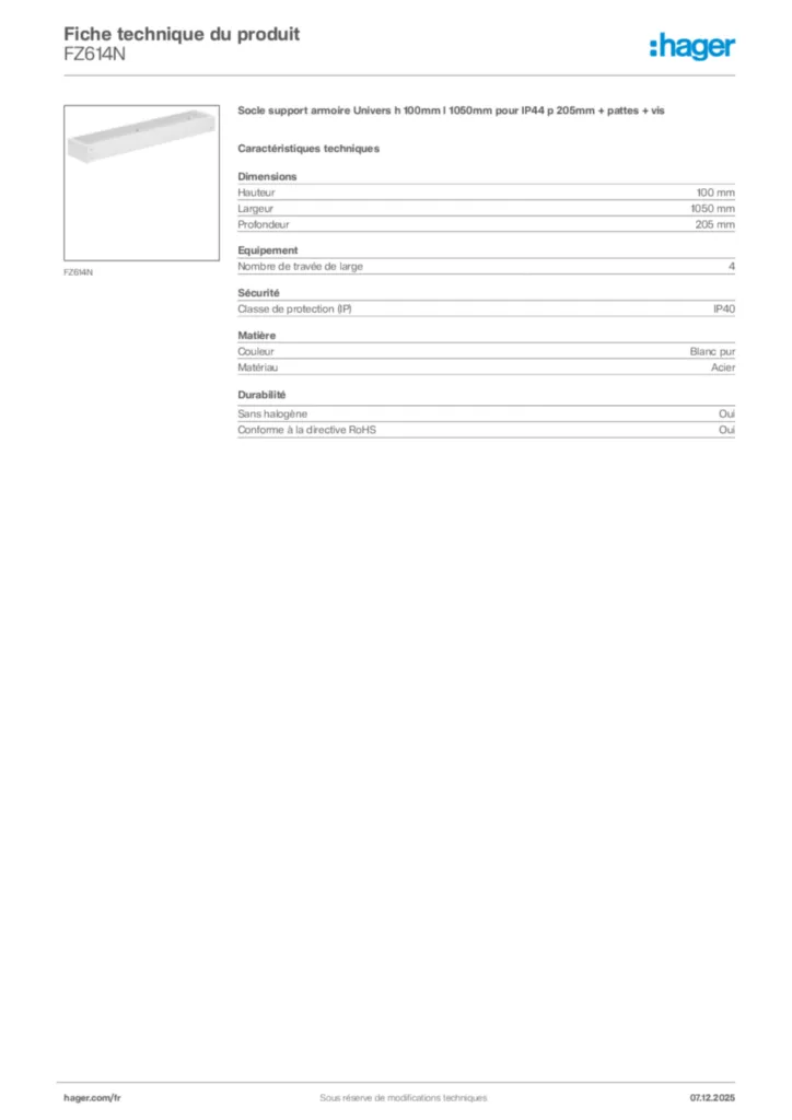 Image Hager Fiche technique du produit FZ614N | Hager France