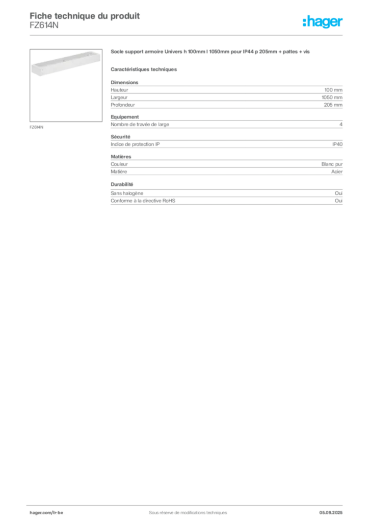 Image Hager Fiche technique du produit FZ614N | Hager Belgique