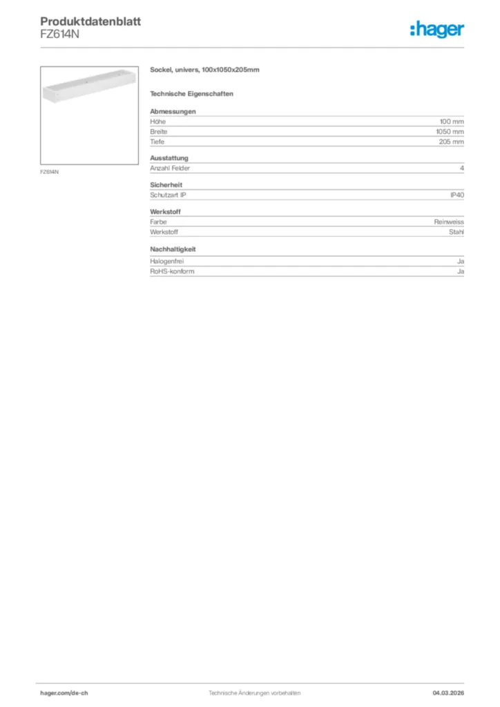 Bild Hager Produktdatenblatt FZ614N | Hager Schweiz