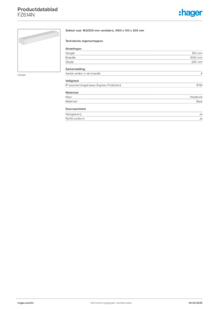 Afbeelding Hager Productdatablad FZ614N | Hager Nederland