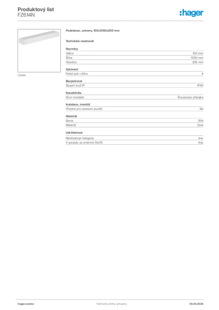Obrázek Hager Product data sheet FZ614N | Hager
