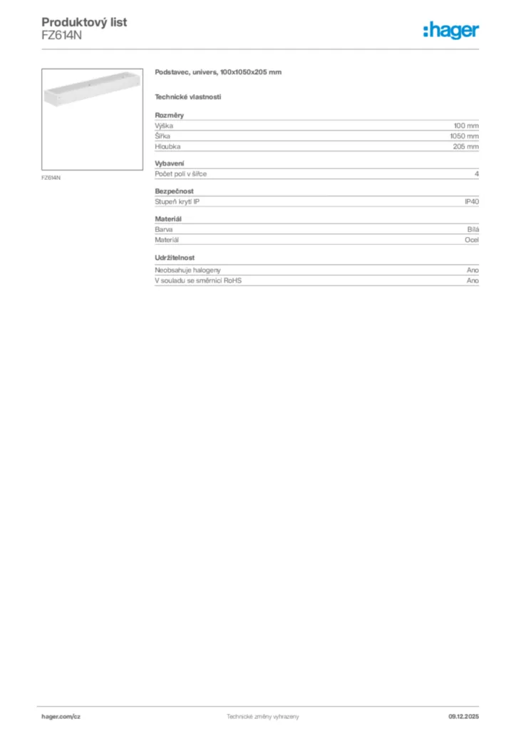 Obrázek Hager Produktový list FZ614N | Hager