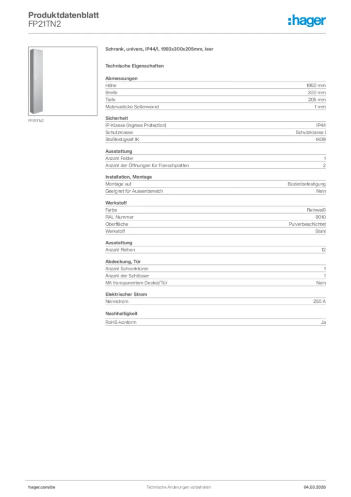 Bild Hager Produktdatenblatt FP21TN2 | Hager Deutschland