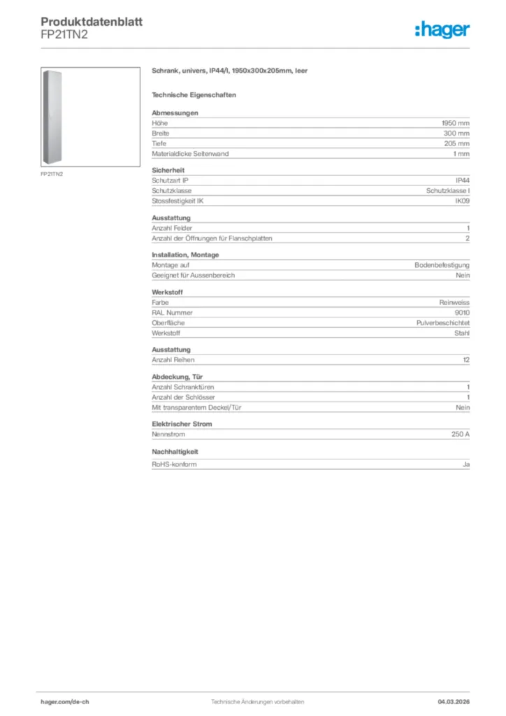Bild Hager Produktdatenblatt FP21TN2 | Hager Schweiz