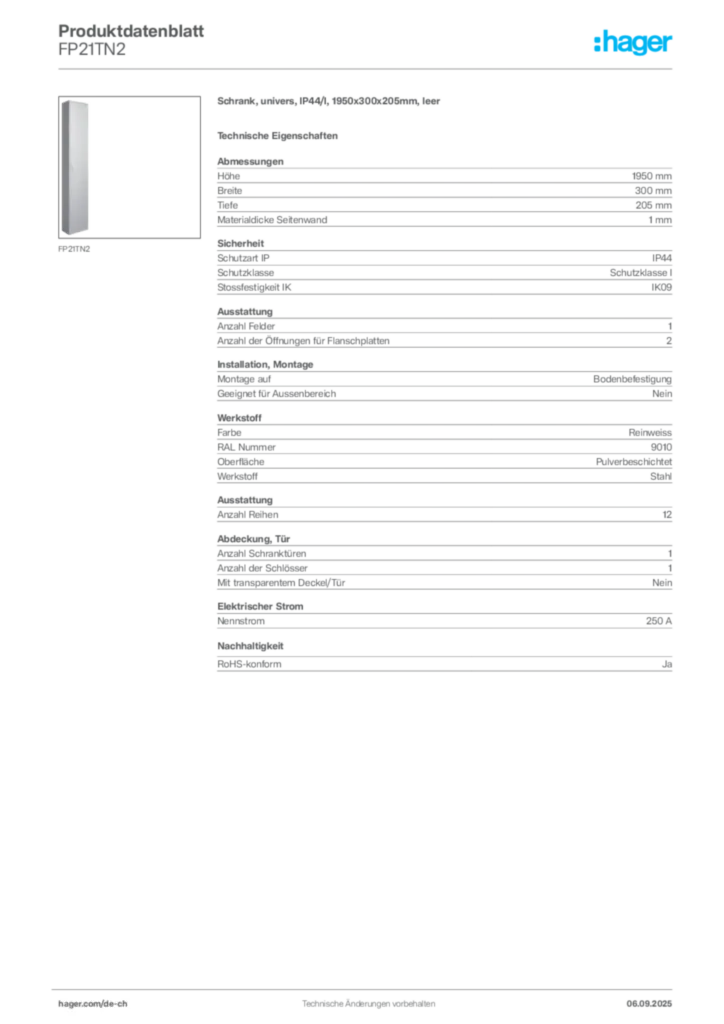 Bild Hager Produktdatenblatt FP21TN2 | Hager Schweiz