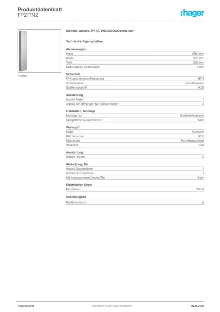 Bild Hager Produktdatenblatt FP21TN2 | Hager Deutschland
