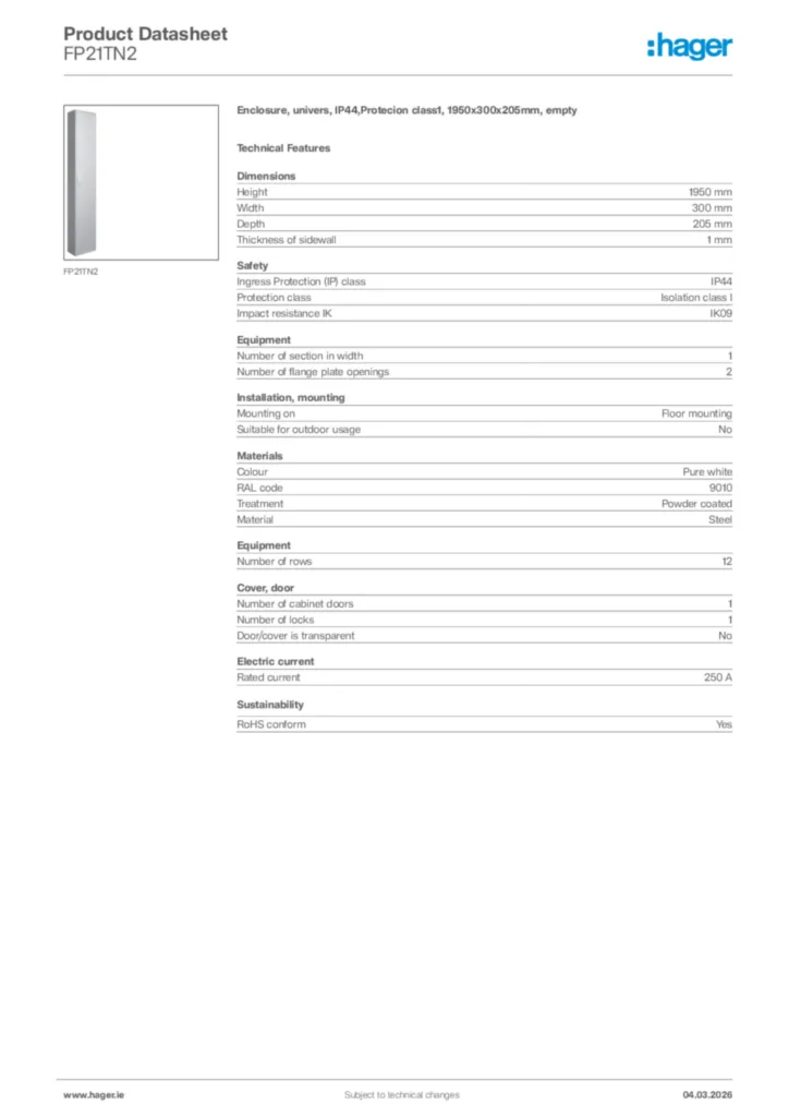 Image Hager Product data sheet FP21TN2  | Hager